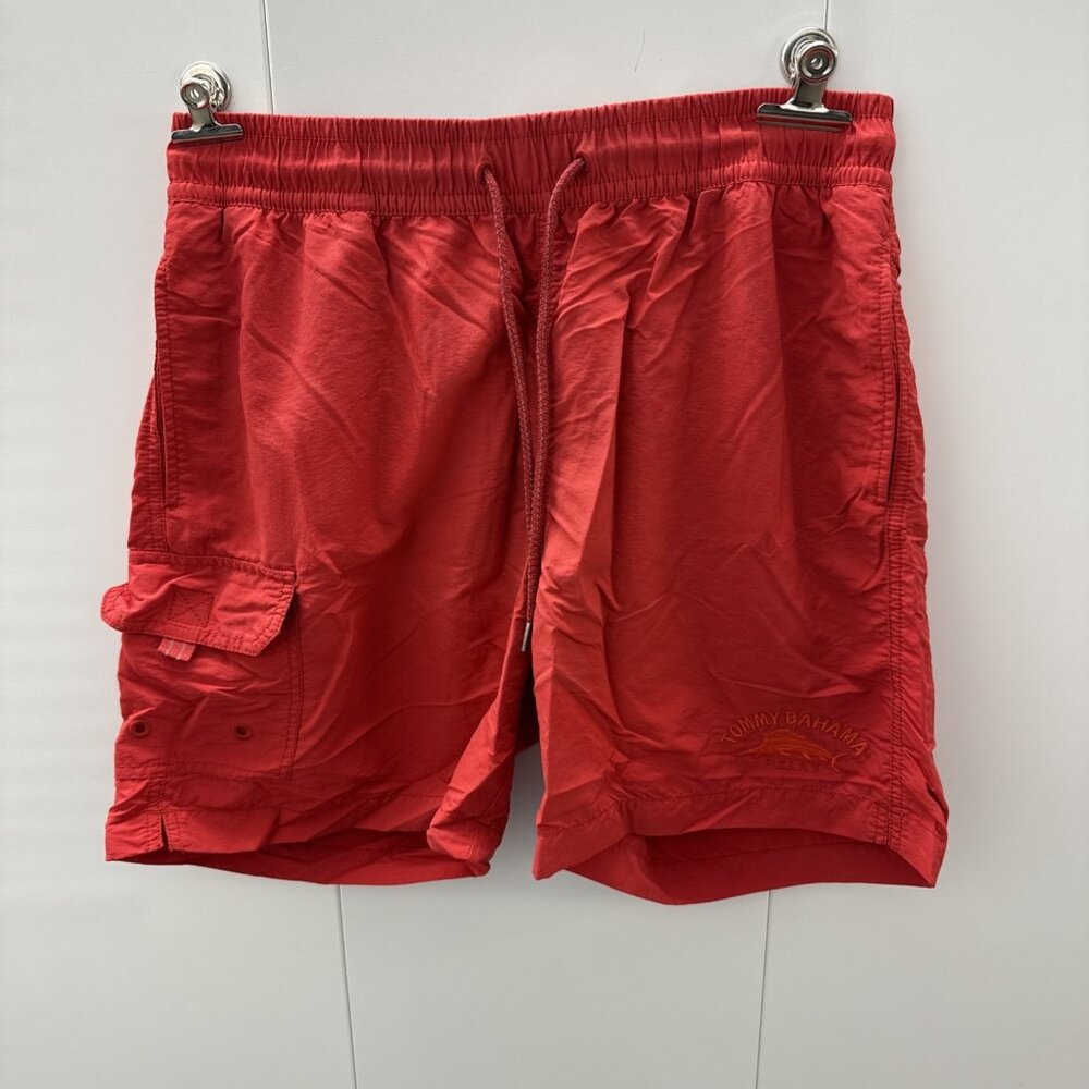 Tommy Bahama Relax Mens Medium Swim Trunks Red‎ Cargo Pocket Mesh Lined Solid